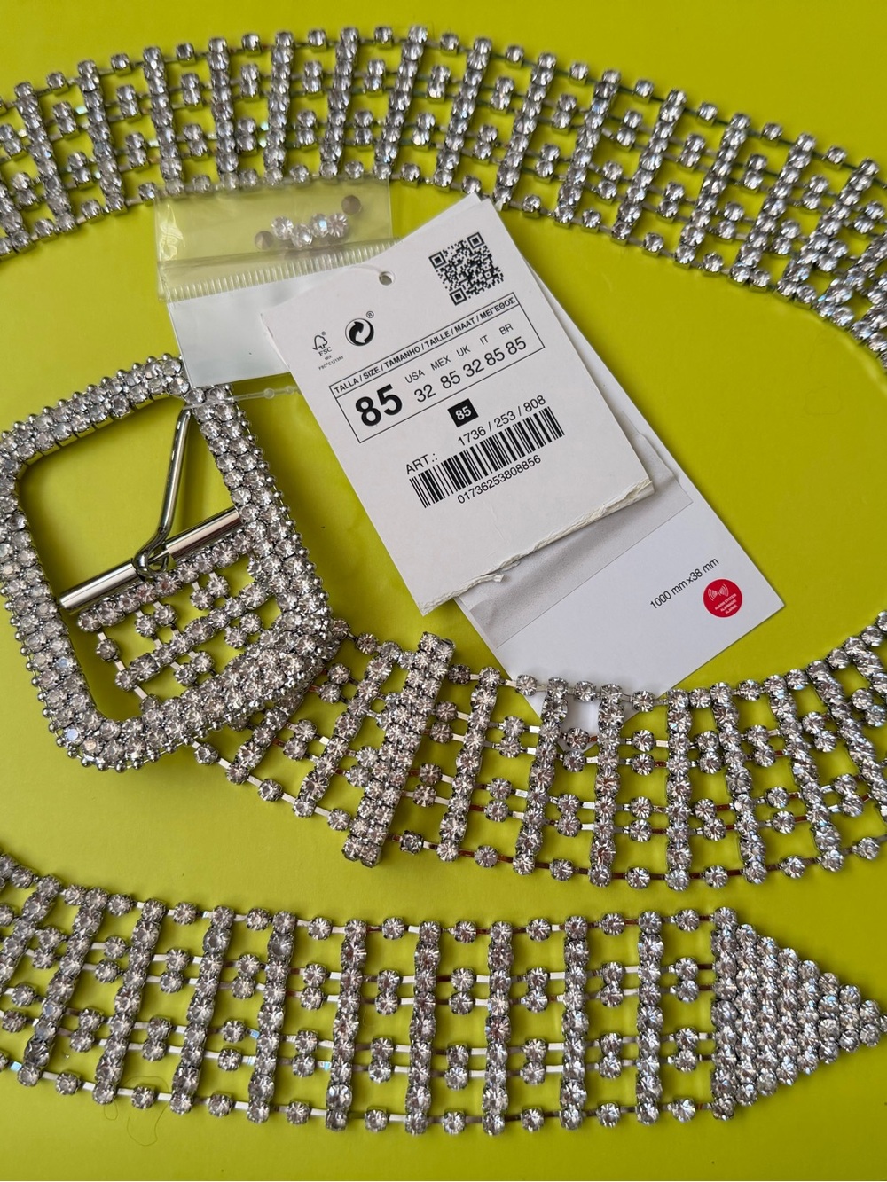 Zara Silver Rhinestone Mesh Wide Belt with Crystal Buckle – Size 85, Brand New